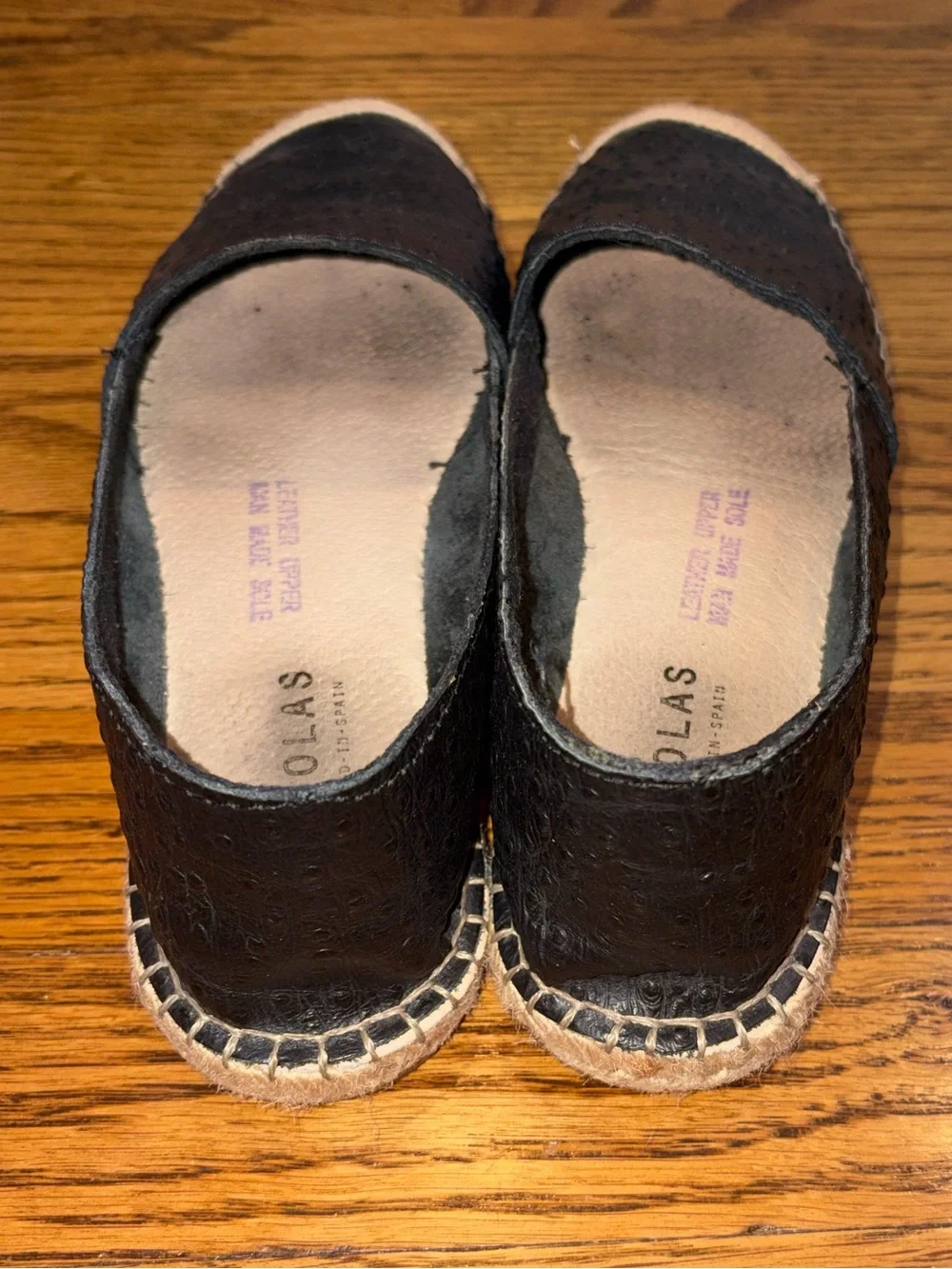 Fabiolas Black Leather Ostrich Pattern Espadrilles